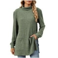 thumbnail image 2 of Zedker Women'S Elegant Side Slit High Neck Casual Long Sleeve Thermal Sweaters with Pockets,Comfy Pits Striped Knitted Tops for Fall,Army Green,L, 2 of 4