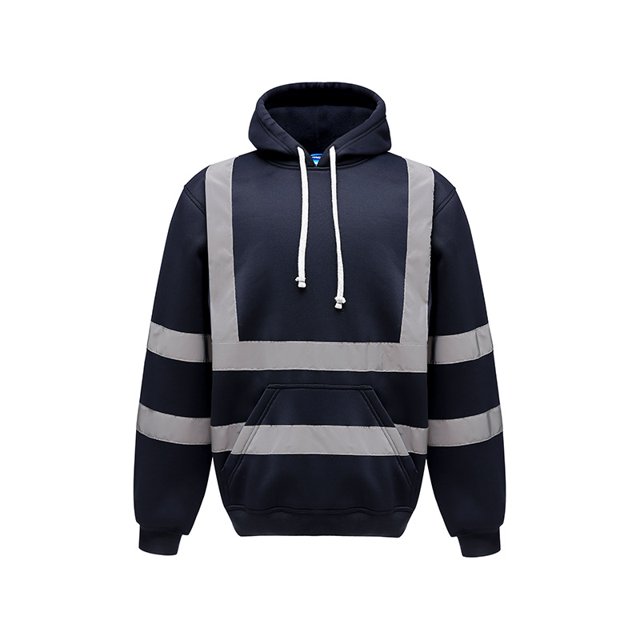 Men's Solid Color Reflective Hooded Sweatshirt Long Sleeve Sweater Top Loose Road Work High Visibility Pullover (Navy,2XL)