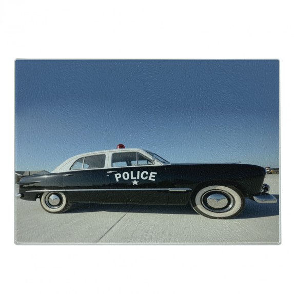 American Cutting Board, Side View of a Parked Old American Police Car and the Sky Digital Print, Decorative Tempered Glass Cutting and Serving Board, Small Size, Blue Beige and Black, by Ambesonne