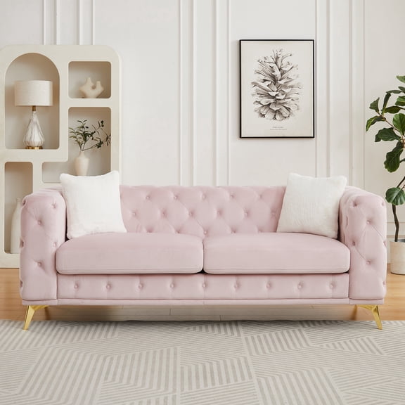 FFZ 82.5 inch Chesterfield-Style Sofa with Tufted Velvet Upholstery, 2 Throw Pillows, Metal Legs, Pink
