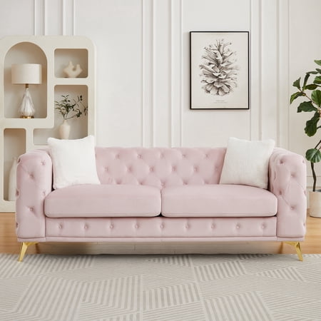 FFZ 82.5 inch Chesterfield-Style Sofa with Tufted Velvet Upholstery, 2 Throw Pillows, Metal Legs, Pink