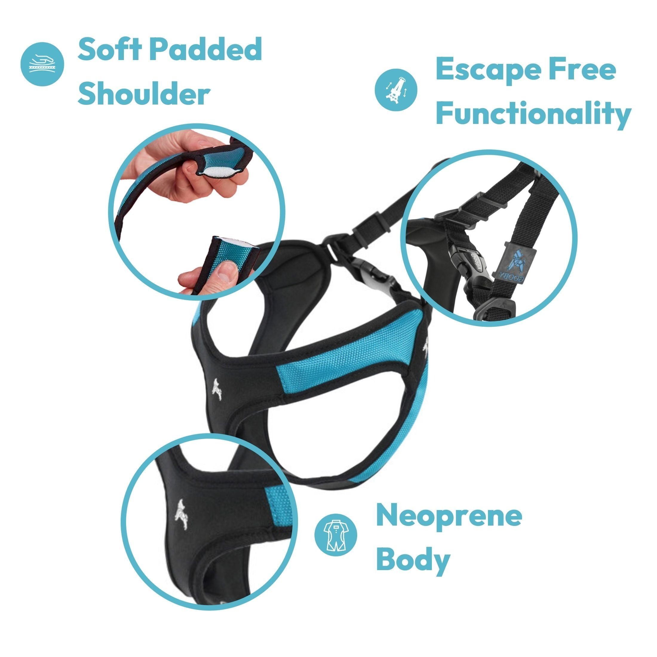 Gooby Escape Free Easy Fit Harness - Turquoise, Large - Escape Free Step-In Harness with Neoprene Body for Small Dogs and Medium Dogs Indoor and Outdoor use