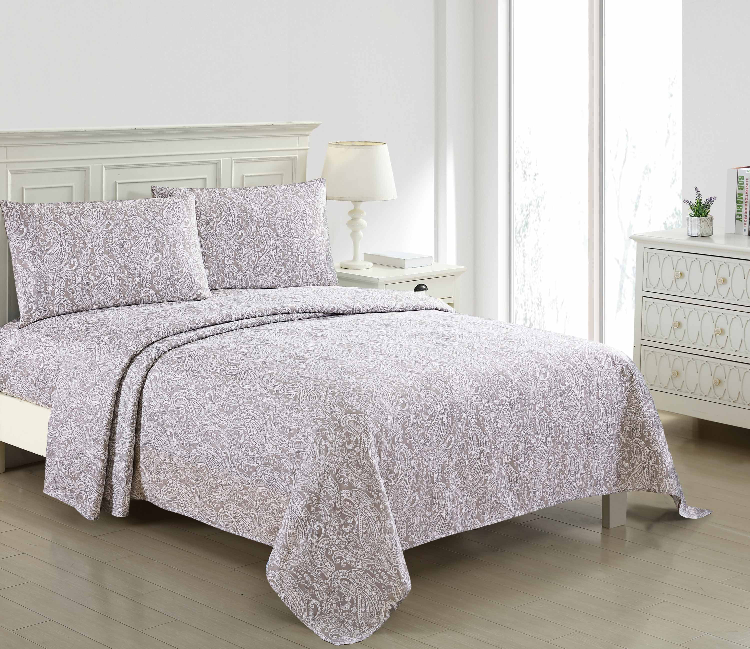 4 Piece Bed Sheet Set Taupe and White Paisley Design (Queen)