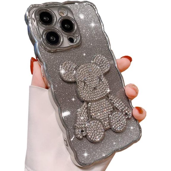 Compatible with iPhone 14 Pro Max Cute Case,Sparkle Diamond Rhinestone Design Bear,with Separated Glitter Paper, Luxury Shiny Bling Soft Shockproof Plating Women Girls Case Cover (Silver)
