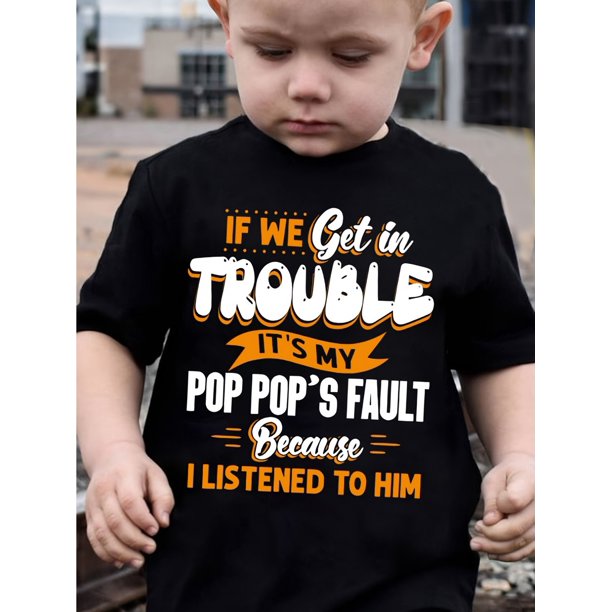 Boys' Summer Fashion Short Sleeve T-Shirt - "If We Get In Trouble It's My 's Fault Because I Listened to Him" Graphic Print, Casual Cotton Crew Neck Tee