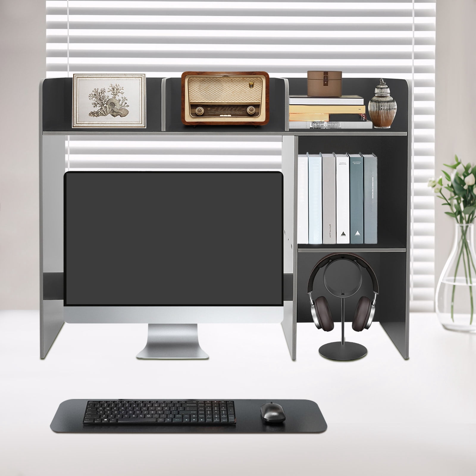 Modern Desktop Storage Organizer, Desktop Bookshelf Holder Computer Rack Desk Organizer (Black)