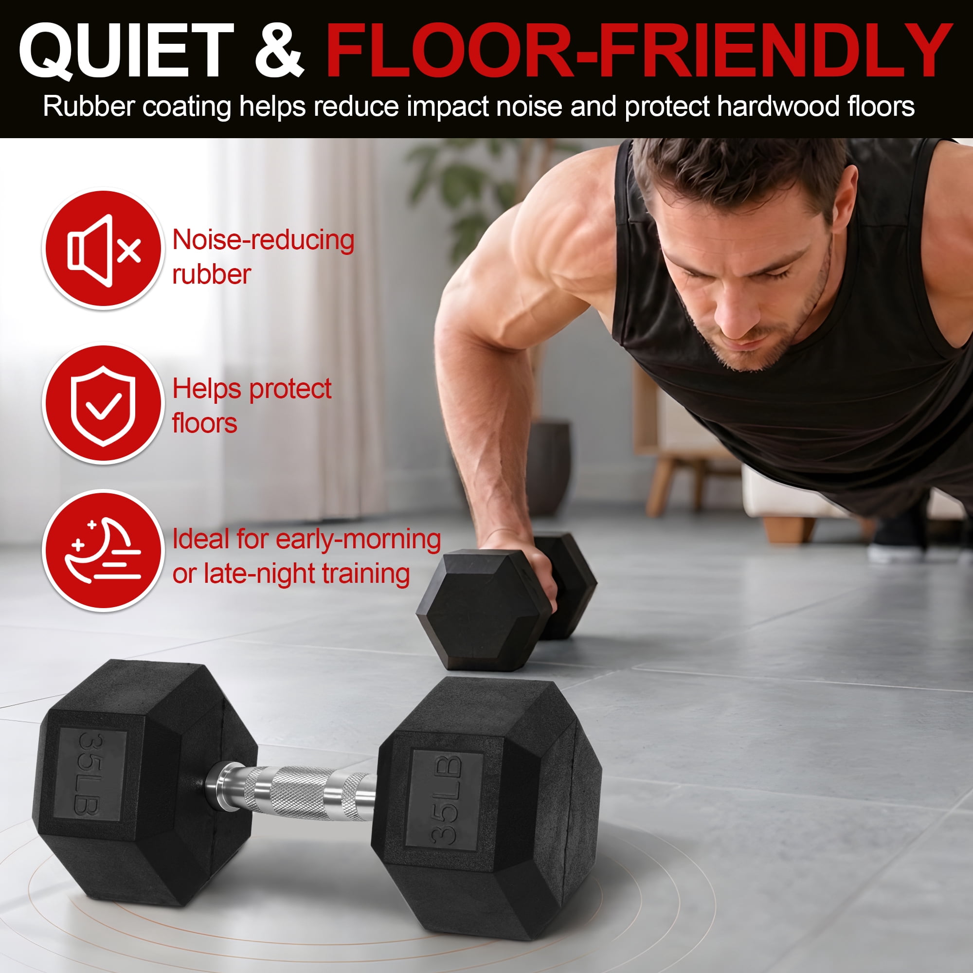 Flexwave 35 LB Rubber Hex Dumbbell with Non-Slip Grip for Home Gym Strength Training-Single