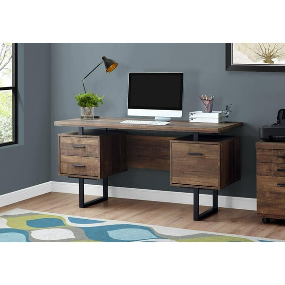 Monarch Specialties Bureau, Bureau À Domicile, Ordinateur Portable, Configuration Gauche, Droite, Tiroirs De Rangement, 60"l, Travail, Métal, Stratifié, Brun, Noir, Contemporain, Moderne