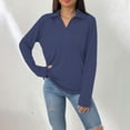 thumbnail image 2 of ManxiVoo Classic Notched Collar Long Sleeve T Shirt with Pocket Relaxed Loose Fit Casual Solid Color Top for Women Lightweight Fabric XL Size Navy, 2 of 5