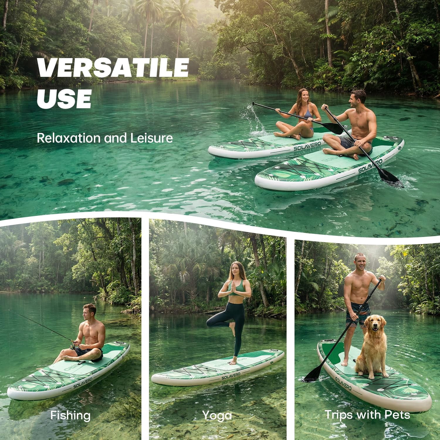 SOLAVERO Inflatable Stand Up Paddle Board with SUP Accessories, Anti-Slip EVA Deck, 11'×33" Blow Up Paddle Board Adults & Youth