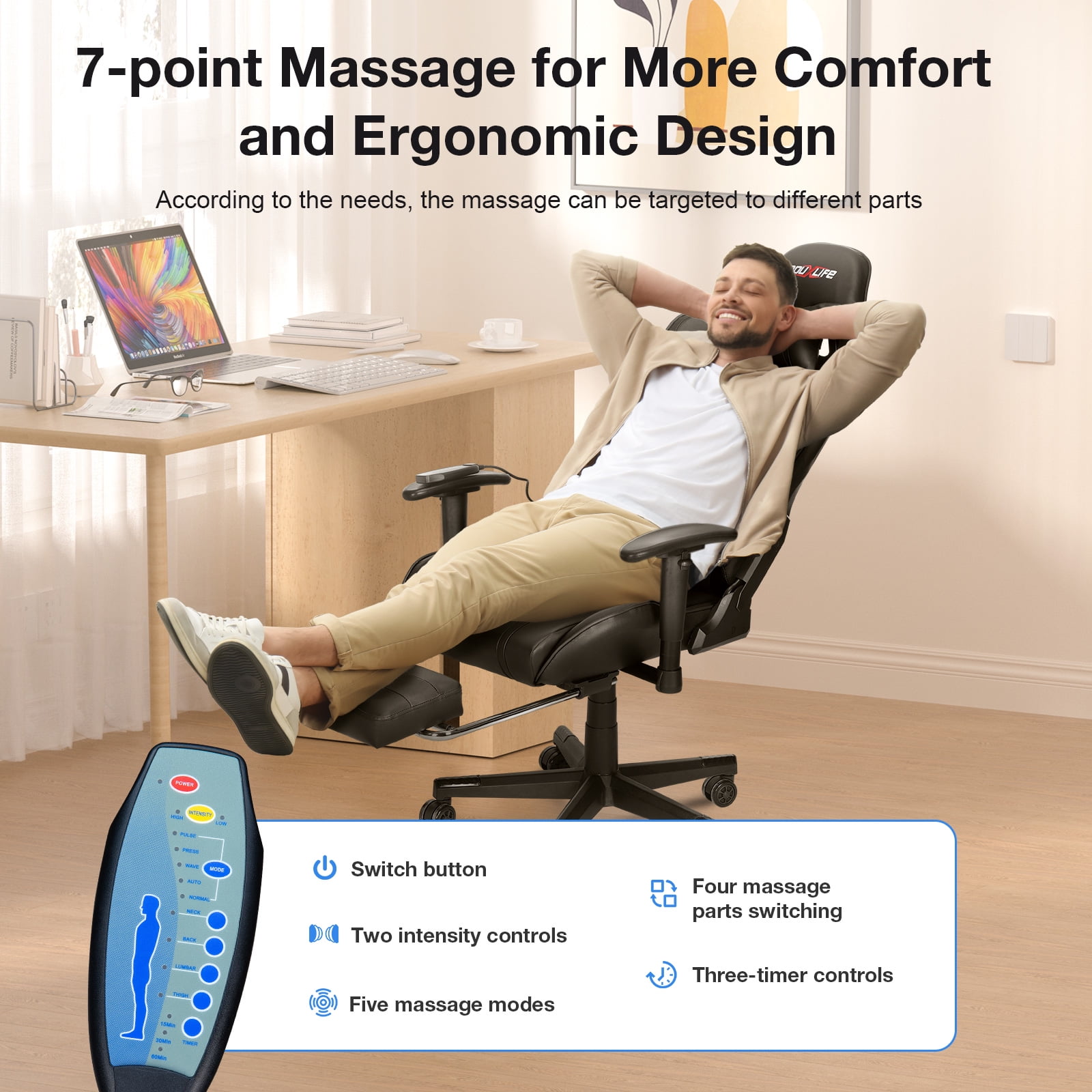 Douxlife 7-Point Massage Gaming Chair with Footrest, 175° Reclining, Ergonomic Racing High Back Home Office Computer Chair, Video Game Chair for Adults Kids