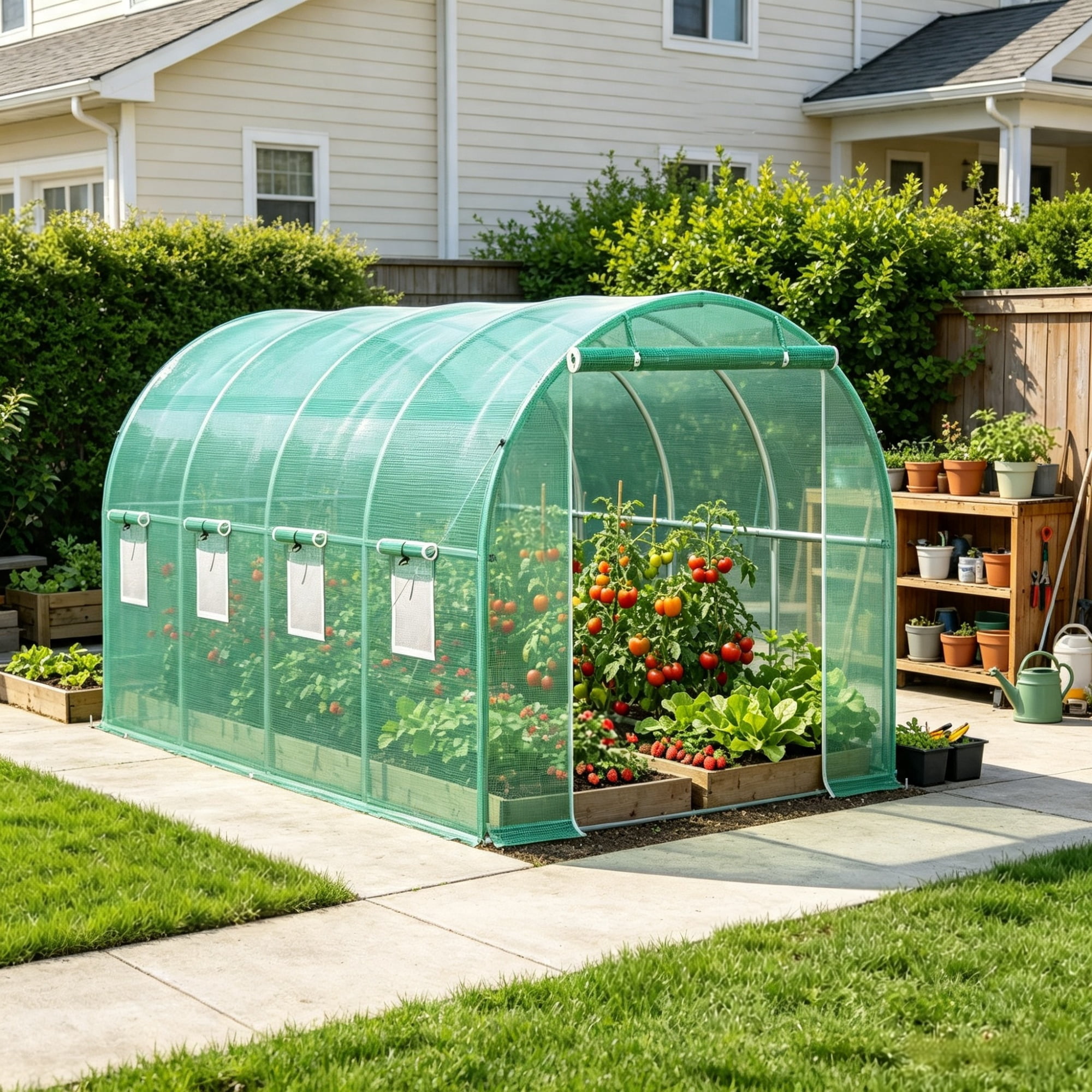 Walk-in Tunnel Greenhouse, Portable Hot House with Galvanized Steel Hoops & 8 Roll-up Windows, 15' x 7' x 7'