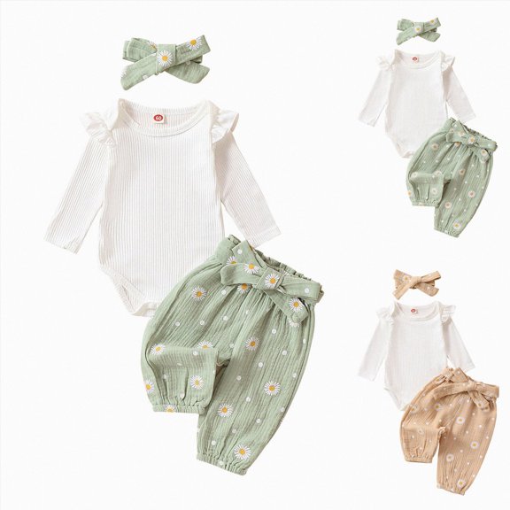 Splozh Baby Girl Clothes 3 6 12 18 24 Months Newborn Infant Girl Clothes Rib Knit Romper Daisy Print Pants Headband Baby Clothes,Light Green,6-12 Months