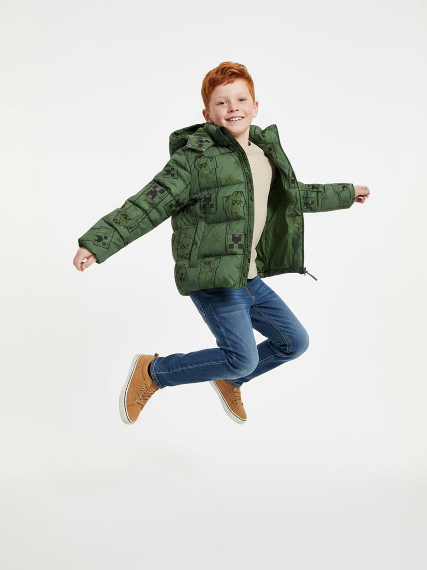 Boys’ Minecraft Creeper Allover Print Puffer Jacket, Olive Green, Sizes XS–XL