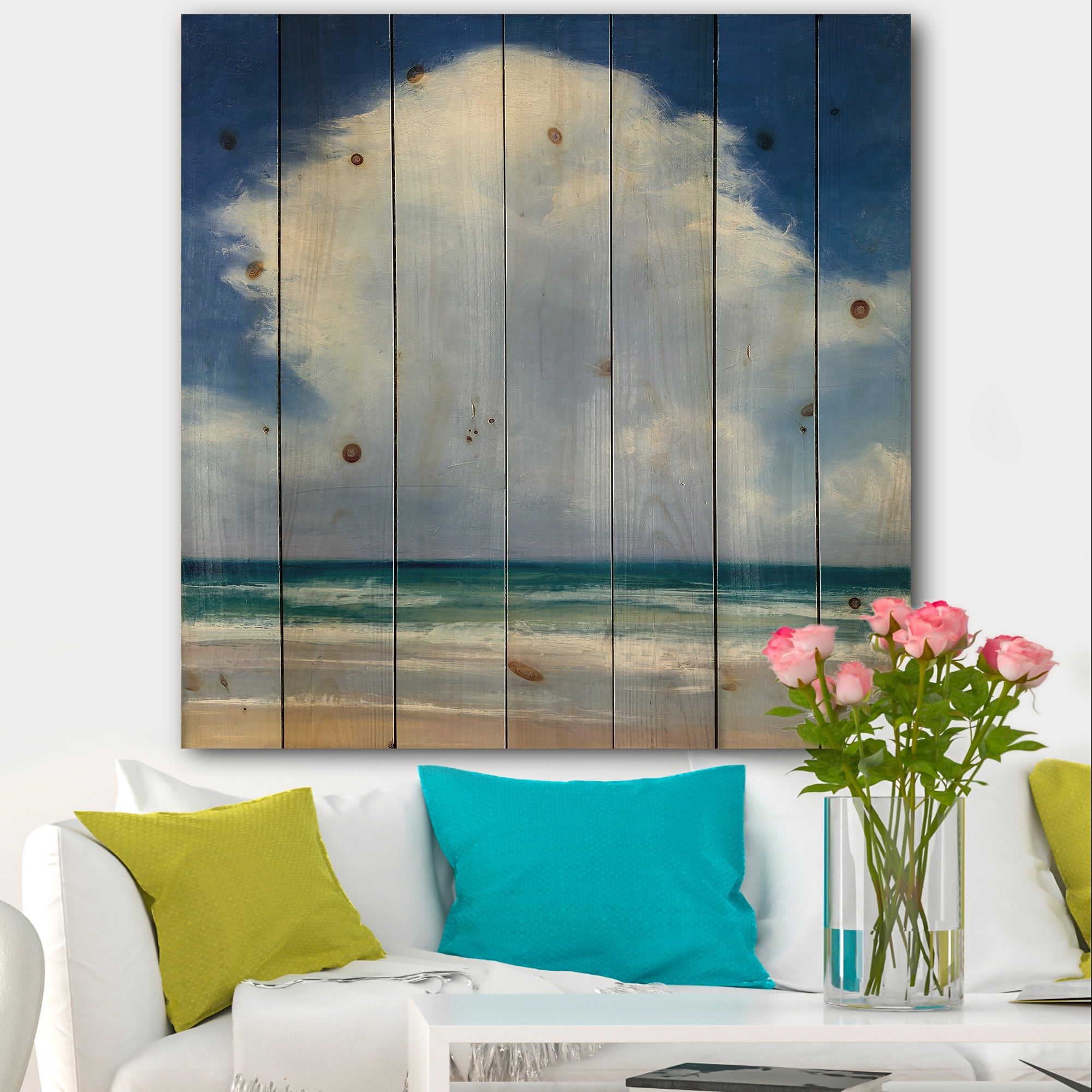 Designart 'Beach Clouds On Turquoise Beach' Coastal Landscape Print on Natural Pine Wood