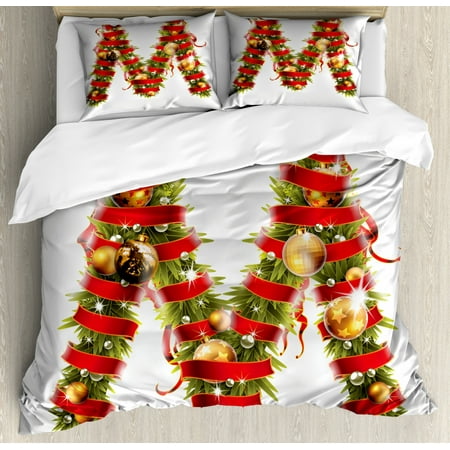 M And S Christmas Bedding Christmas Alphabet Duvet Cover Set, Ornamental Pattern of M Letter with Ribbons and Golden Balls, Decorative Bedding Set with Pillow Shams, Pearl and Olive Green, by Ambesonne ()