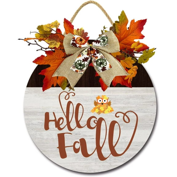 Eveokoki 12" Hello Fall Cute Owl Funny Signs for Front Door Farmhouse Porch Rustic Round Wooden Hanging Wreaths for Housewarming Gift Halloween Festival Maple Leaves Decoration Outdoor Indoor