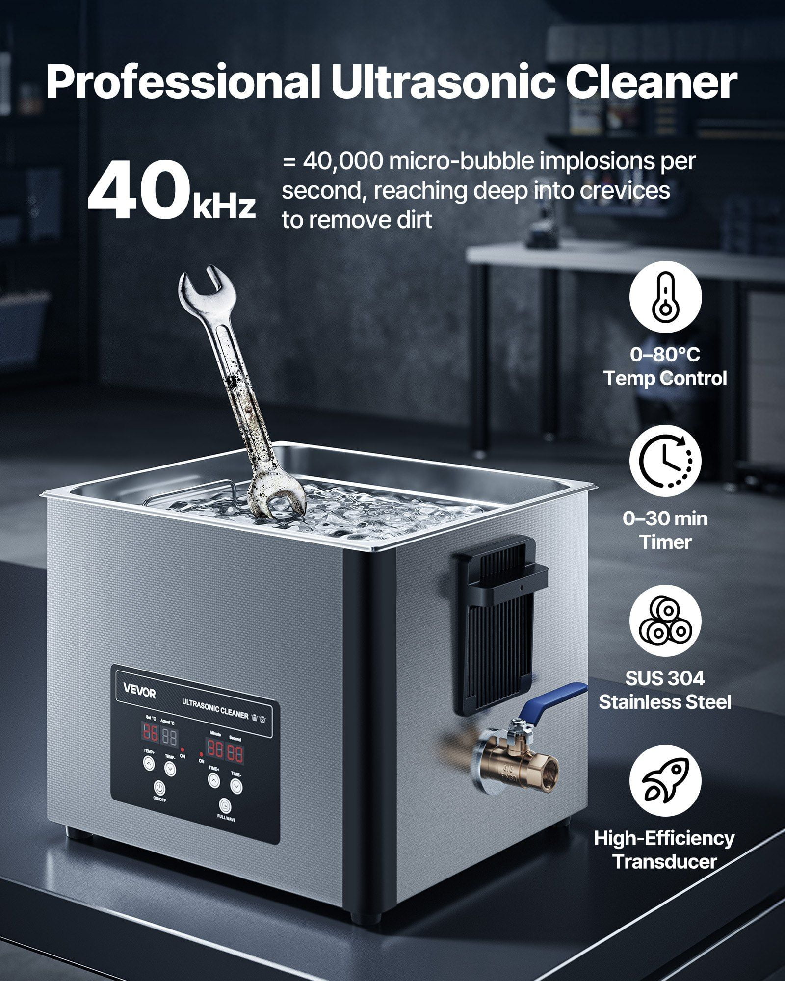 15L Ultrasonic Cleaner Professional Machine with Digital Display 240W Stainless Steel 40kHz Industrial Cleaning for Parts Carburetors Instruments