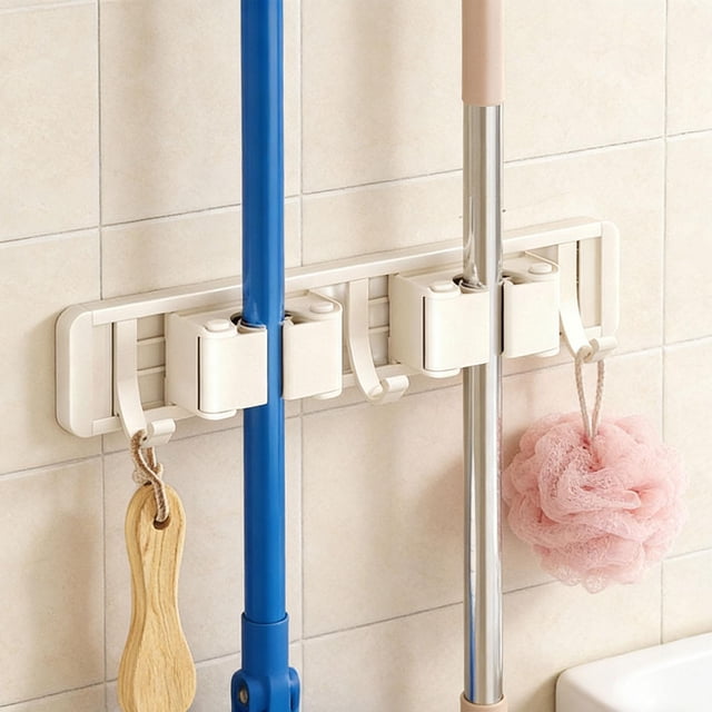 Soporte para trapeador y escoba, colgador de trapeador y escoba de acero al carbono, fácil de usar, resistente, para montaje en pared, antideslizante, 2 estantes 3 ganchos