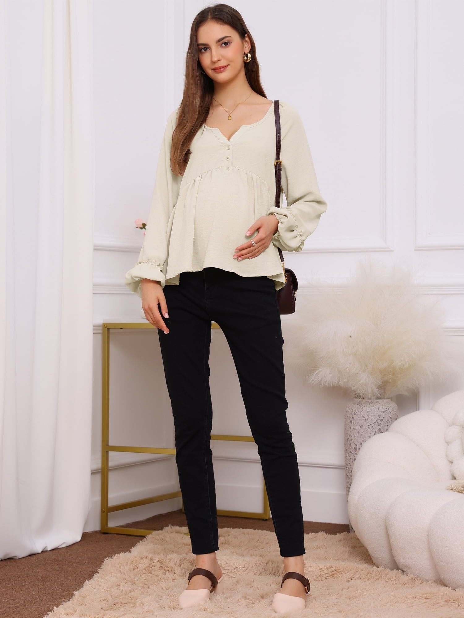 DARING DIVA Women's Maternity Empire Waist Babydoll Lantern Sleeve Blouse XL Beige