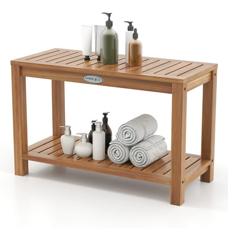 Gymax 30 Inch Teak Wood Shower Bench Inside Shower Stool w/ Storage Shelf for Adults