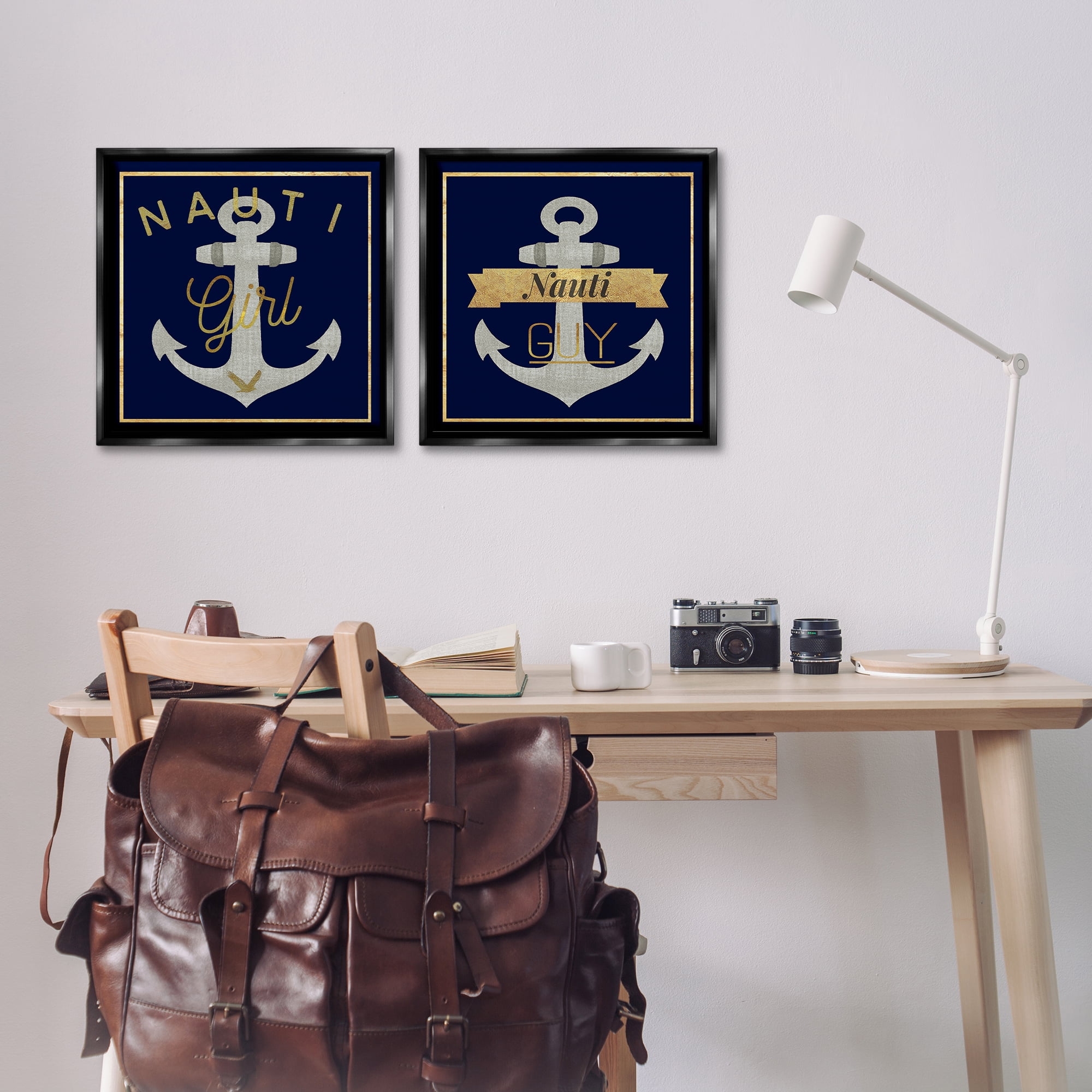 Stupell Industries Nauti Girl & Guy Anchors Nautical & Beach Painting Black Floater Framed Canvas Art Print Wall Art, 18 x 18, Set of 2