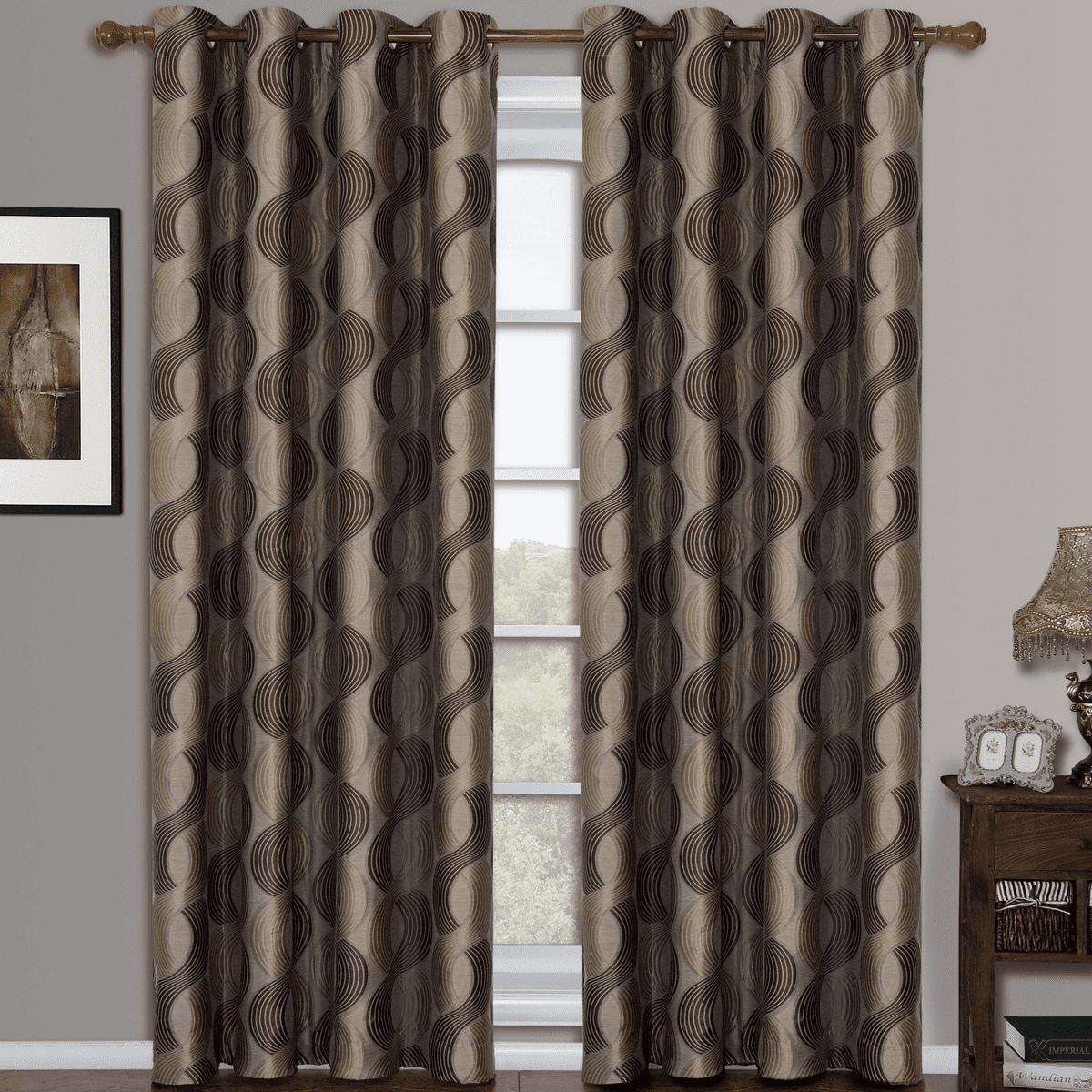 Set of 2 Tuscany Top Grommet Window Curtain Geometric Abstract Jacquard Panels 