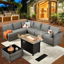 XIZZI 8 Pieces Patio Furniture Set Wicker Rattan Conversation Set with Propane Gas Fire Pit Table,Dark Grey