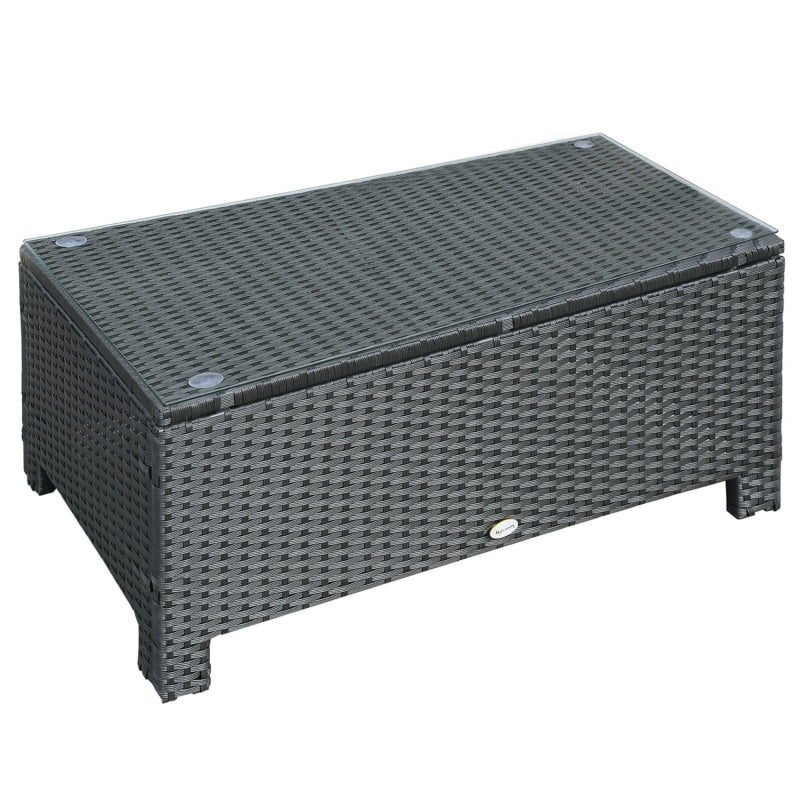 HOQBN PE Rattan Coffee Table, Rectangular Outdoor Coffee Table with Tempered Glass Top, 70 KG Capacity for Garden, Balcony, Terrace, Patio, Black