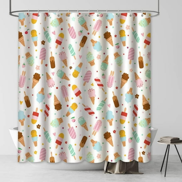 Ice Cream Shower Curtain Summer Flower Rainbow Popsicle Colorful Dots Design Fabric Waterproof Curtain for Bathroom Decor Set with Hooks 72x72 Inches