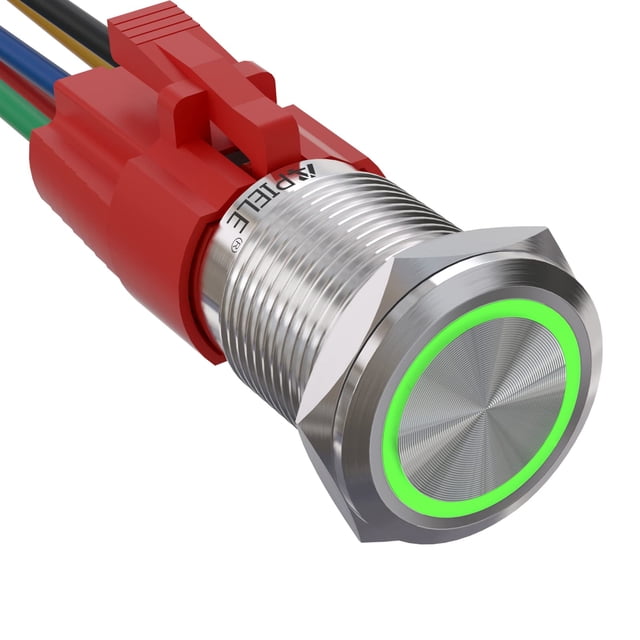 Apiele 16Mm Latching Push Button Switch 12Vdc On Off Stainless Steel With Led Angel Eye Head For 063 Mounting Hole With Wire Socket Plug Self-Locking(Green)