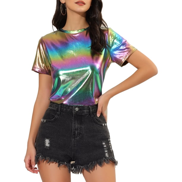 INSPIRAR CHIC Blusas Metálicas Texturizadas de Manga Corta Brillantes para Fiesta L Coloridas