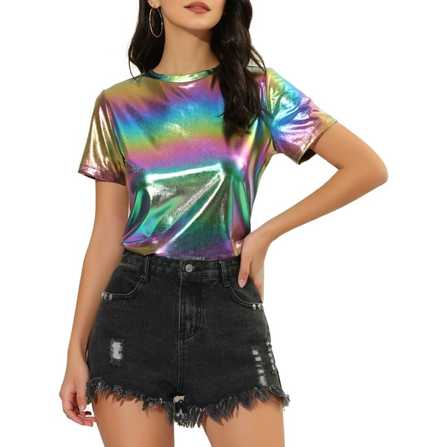 INSPIRAR CHIC Blusas Metálicas Texturizadas de Manga Corta Brillantes para Fiesta L Coloridas