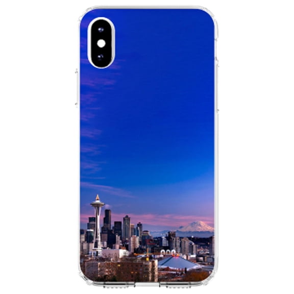 DistinctInk Clear Shockproof Hybrid Case for iPhone XR (6.1" Screen) - TPU Bumper, Acrylic Back, Tempered Glass Screen Protector - Seattle Skyline Night - Show Your Love of Seattle