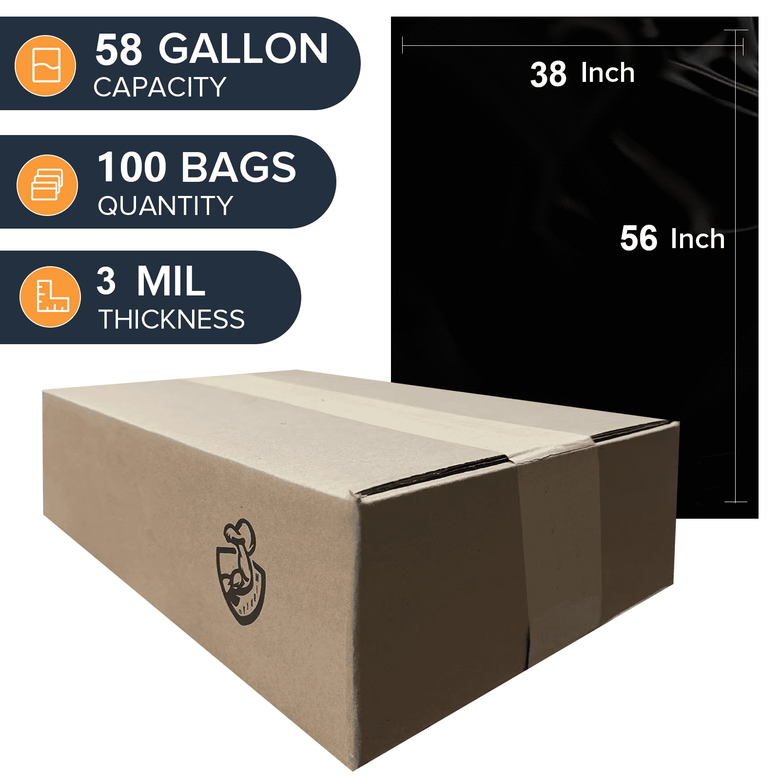 100 packs-Large 55-60 Gallons Contractor Trash Bags|3MIL|Professional Heavy Duty Garbage Bags-drum liners-MADE IN USA, Black