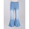thumbnail image 3 of Yartina Kids Girls Raw Hem Flared Jeans Elastic Waist Bell-Bottoms Trousers Washed Denim Pants Light Blue 6, 3 of 5