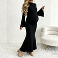 thumbnail image 2 of Purcolt Womens Maternity Ribbed Knit Maxi Dress Elegant Ruffled Trim Mock Neck Flare Long Sleeve Mermaid Dress Comfort Stretchy Slim Fit Bodycon Long Dress, 2 of 9