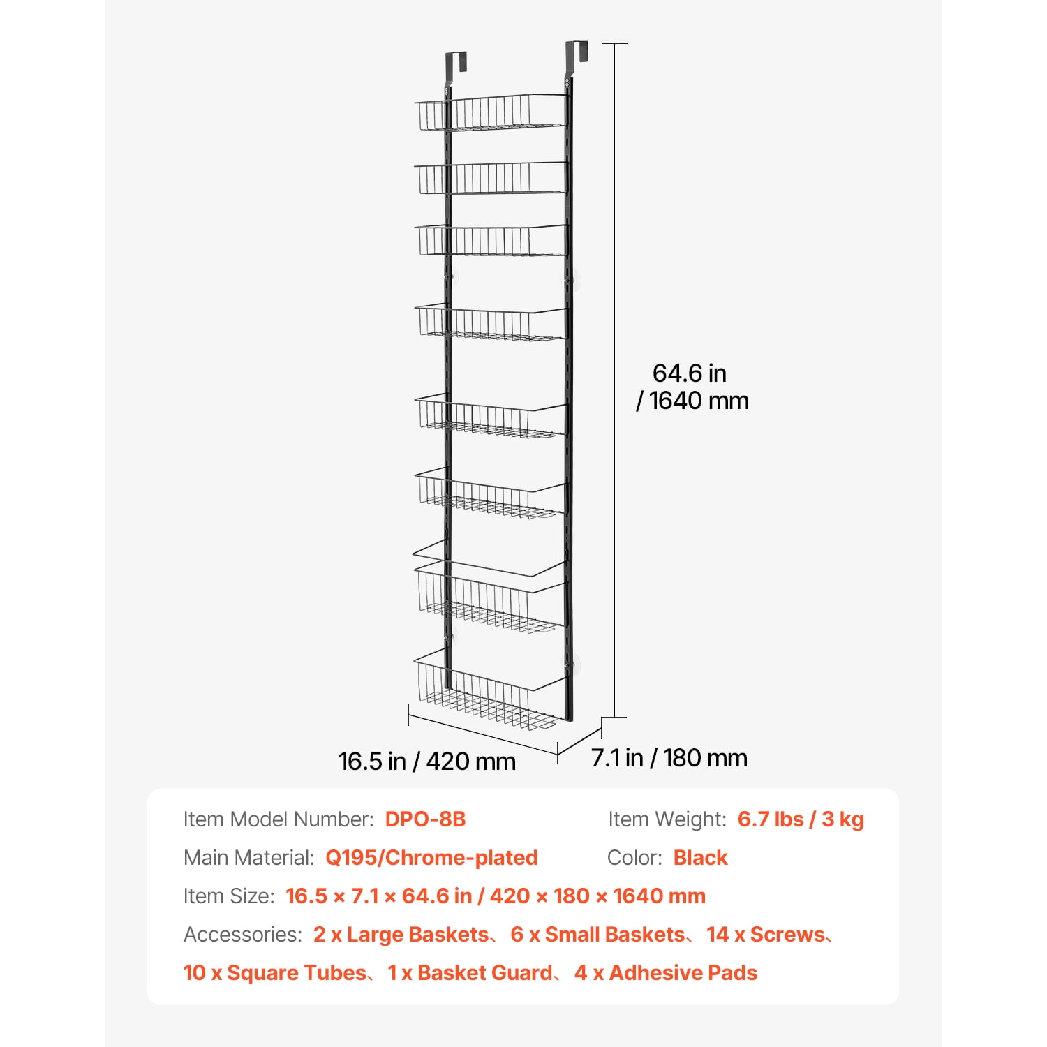 KFFKFF Door-Mounted Pantry Organizer, 8-Level Storage Solution, Robust Steel Constructed Spice Holder, Customizable Wall-Mounted Condiment Shelves, Suitable for Kitchen, Laundry Area, Bathroom, Black