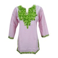 Mogul Women's Green Embroidered Indian Ethnic Pink Tunic Top Blouse S