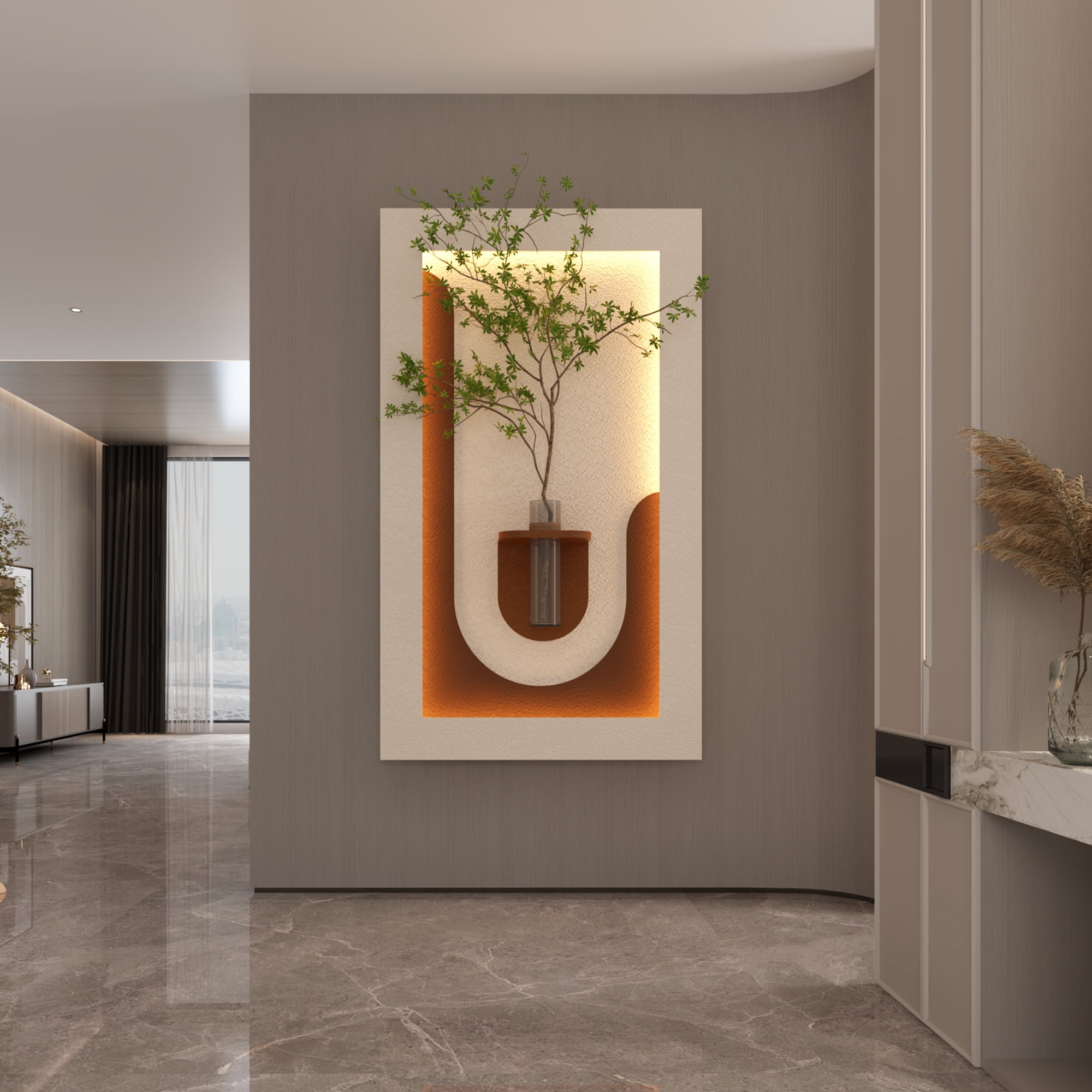 Aukfa 3D Sandstone Wall Art with Artificial Green Plants, LED Wall Decor with Glass Vase & Rabbit Statue, Remote Control for Living Room/Bedroom