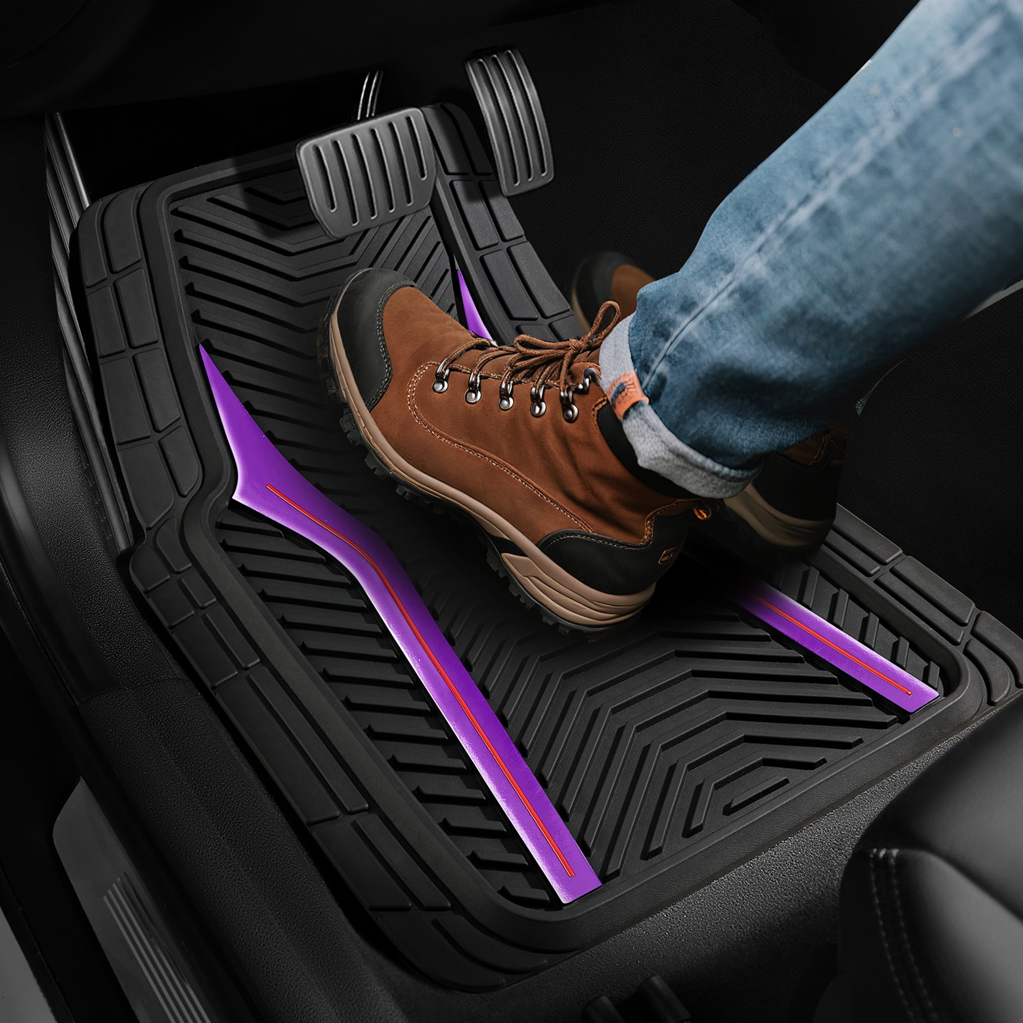 Auto Drive 4Piece Rubber Car Floor Mats Carbon Fiber Purple - Universal Fit
