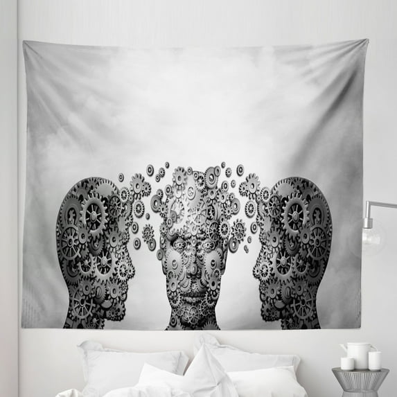Engineering Theme Tapestry, Surrealistic Futuristic Artistry Machine Gears Humans Design, Fabric Wall Hanging Decor for Bedroom Living Room Dorm, 5 Sizes, Black Pale Grey White, by Ambesonne