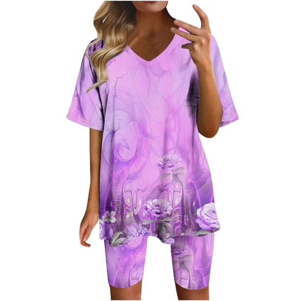Blusas para las Mujeres Casual Impreso Cuello en V Manga Corta Blusa Pantalones Cortos, Conjuntos de Ropa para las Mujeres
