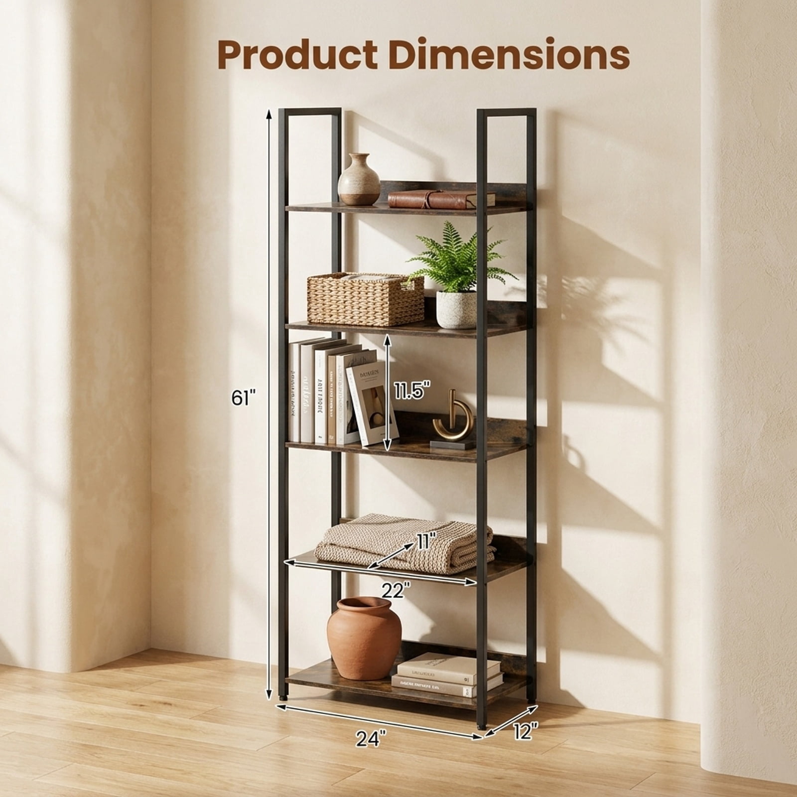 Furnibear 5-Tier Bookshelf Tall Wooden Open Bookcase with Back Panels for Living Room Home Office Bedroom Display Storage Shelf, Rustic Brown