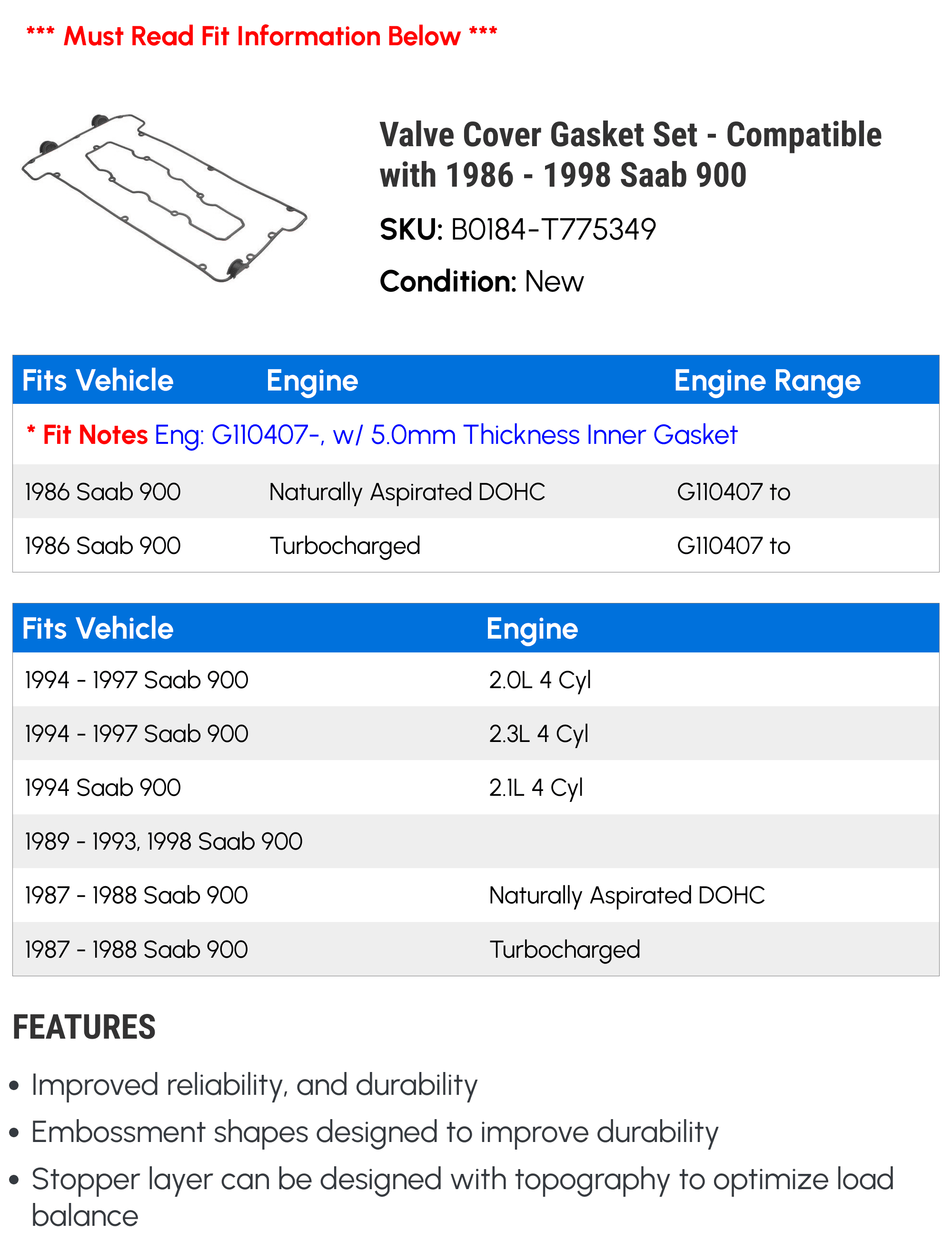 Valve Cover Gasket Set - Compatible with 1986 - 1998 Saab 900 1987 1988 1989 1990 1991 1992 1993 1994 1995 1996 1997