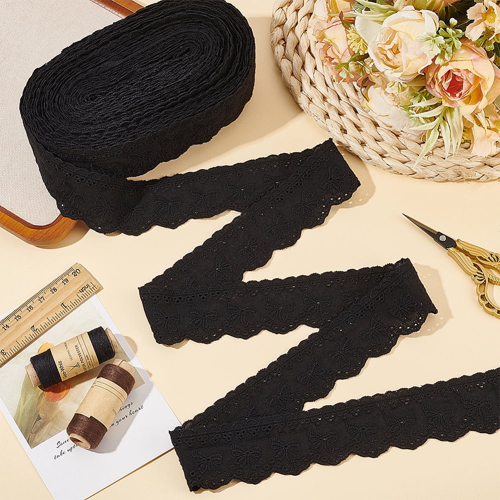 15 Yards Cotton Embroidery Bowknot Lace Ribbons Black 1-5/8 inch(40mm)