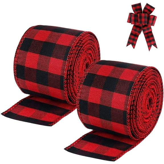 19.6 Yard 2.5 inch Wide Buffalo Plaid Ribbons Wired Edges, 2 Rolls Red and Black Checkered Ribbon for Christmas Tree Gift Decorations
