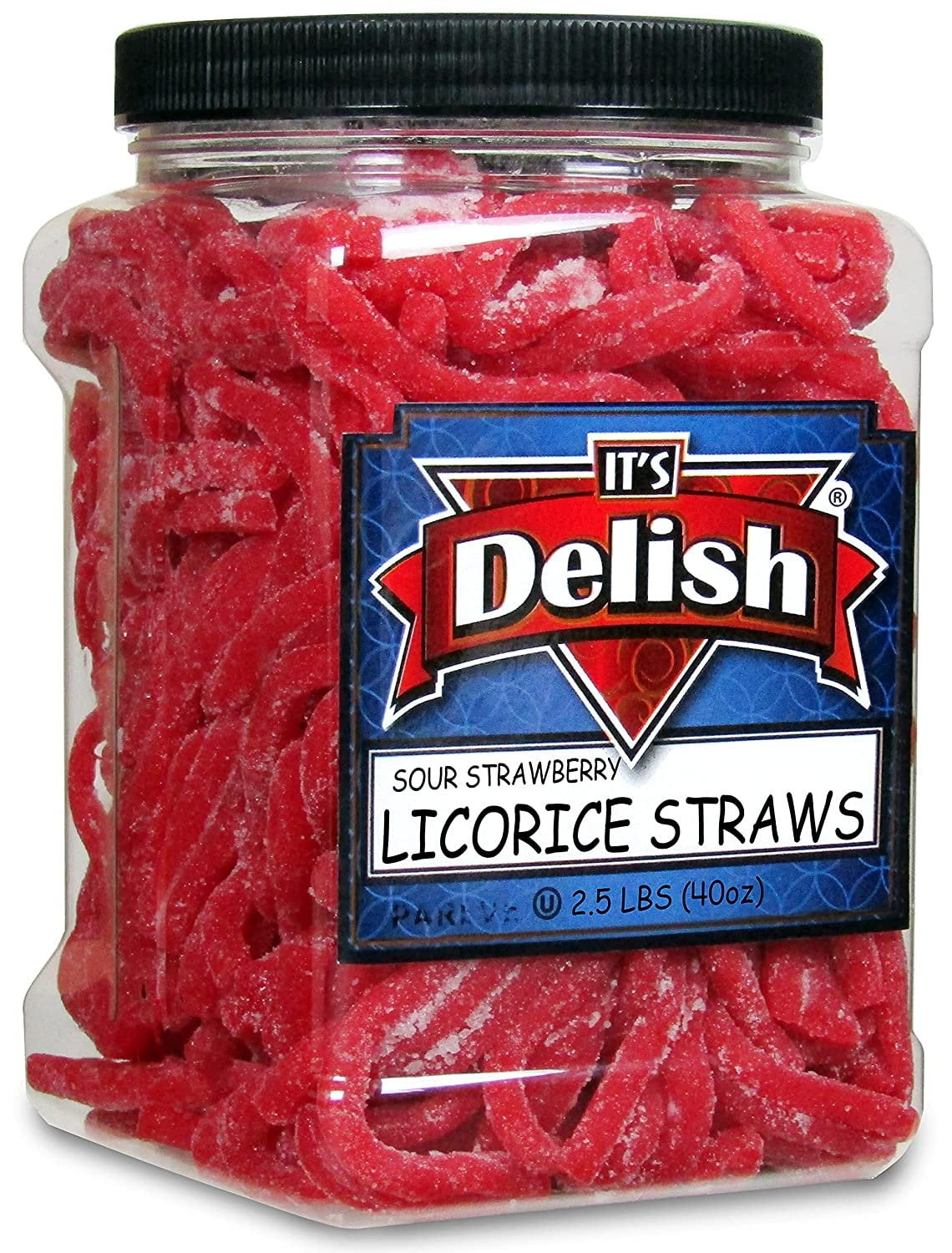 Sour Strawberry Licorice Straws by Its Delish, 2.5 LBS 40 Oz Jumbo Container Jar  Original Style Chewy Sour Strawberry Candy Twists  Great Gifts Party Sweets  Made in USA, Vegan, Kosher
