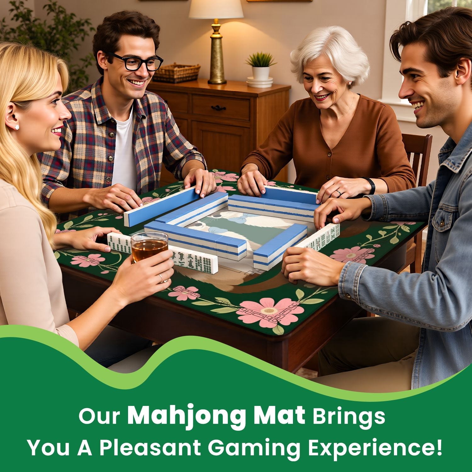 Mahjong Mat 31.5" x 31.5" Two Ferrets Blue Bows Surrounded by Pink Flowers Green Non-Slip Noise Reduction American Mahjong Tiles Table Cover for Dominoes Poker Card Board Games Gift