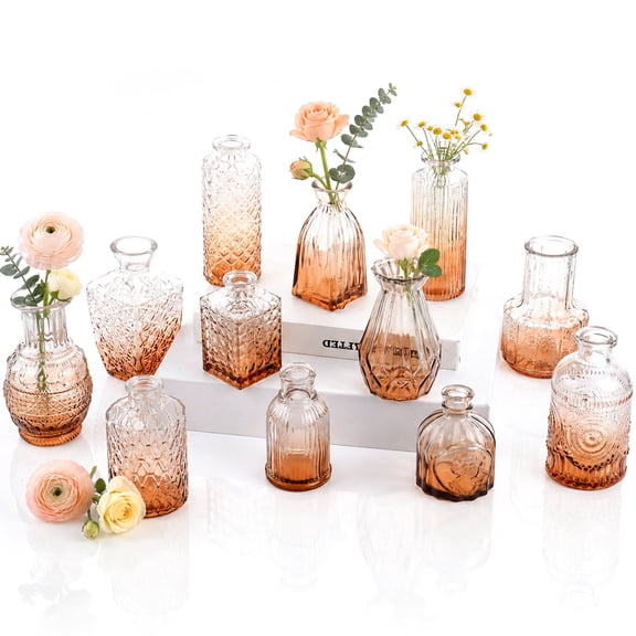 SNYGOV Glass Bud Vases Set of 12, Small Mini Amber Flower Vases, Clear Flower Vase Stripe Bud Vases in Bulk, Vintage Vases for Floral Wedding Party Table Decoration Home Decor